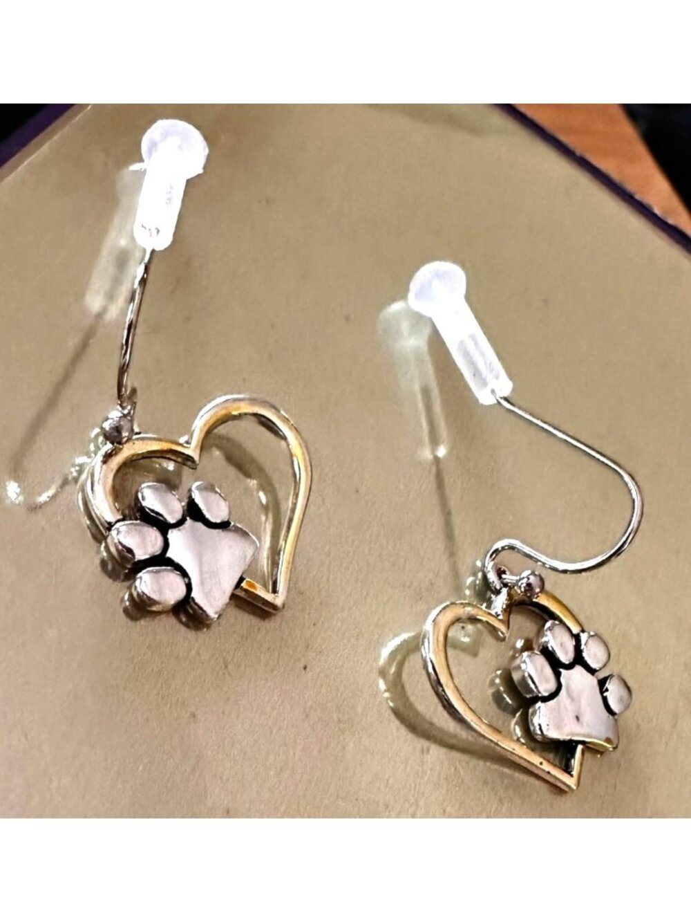 Heart Paw Print Earrings New  Open Cut Metal Hypoallergenic Dangle Hooks Animal